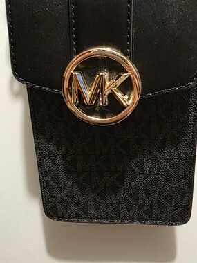 Michael Kors Black Mini Crossbody Phone Pouch with Gold MK Emblem